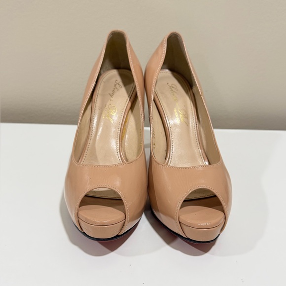 Beige Patent Leather Handmade Peep Toe Heel Platform Pumps Women Size 7.5 - Picture 5 of 14